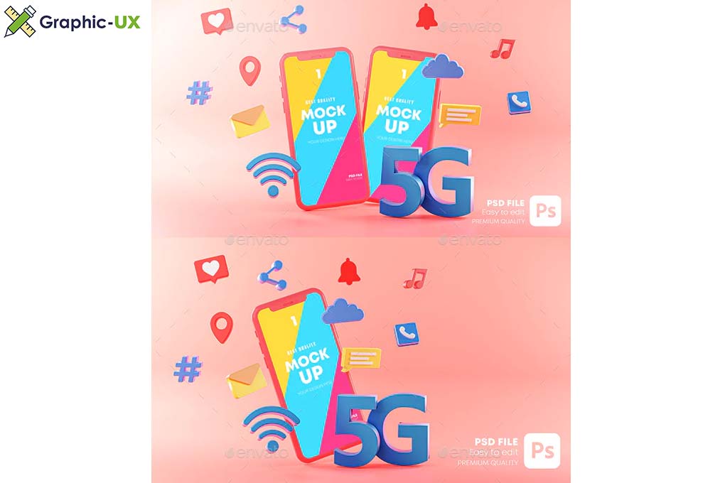 5G Phone Concept Wifi Connection on Pink Background With Icons 3D Rendering. Mockup Template