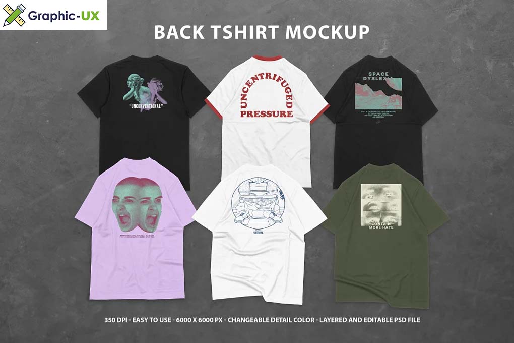 6 Realistic Back T-shirt Mockup