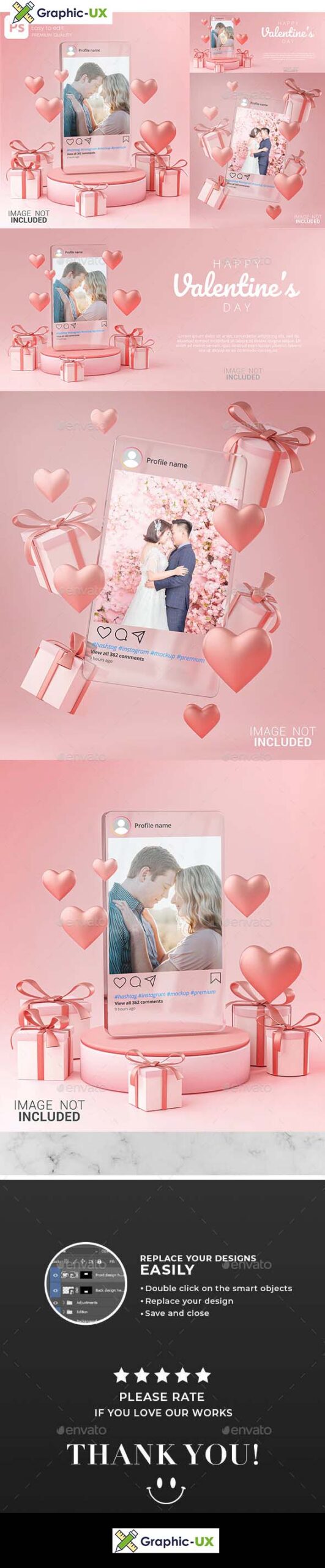Instagram Post Mockup on Glass Template Valentine Wedding Love Heart Shape and Gift Box 3D Rendering