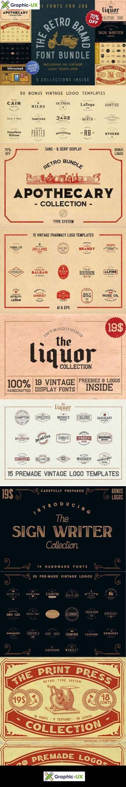 The Retro Brand Font Bundle [91 Fonts] + 140 Vintage Logo Templates